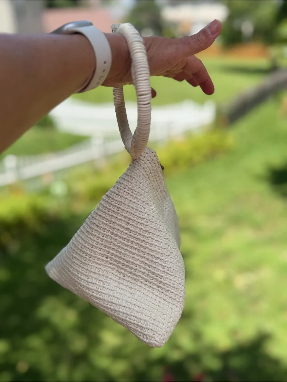 Hand Crafted Cream Woven Triangle Wristlet with Wrapped Ring Handle